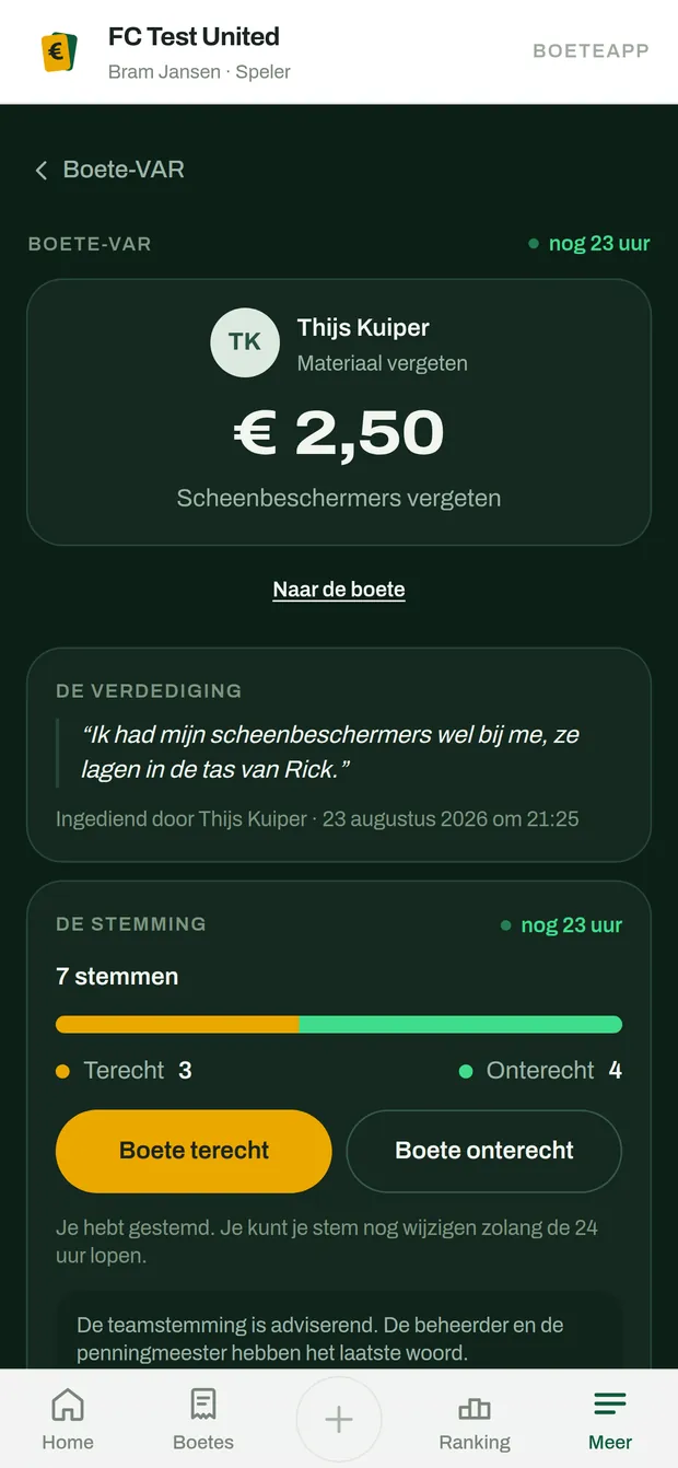 Een Boete-VAR met de reden, de stemming en de knoppen om te stemmen